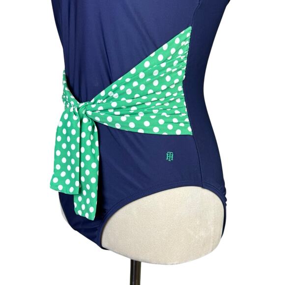 Tommy Hilfiger Navy Green Polka Dot Tie Waist Belt V-neck One Piece Swimsuit - Picture 8 of 11